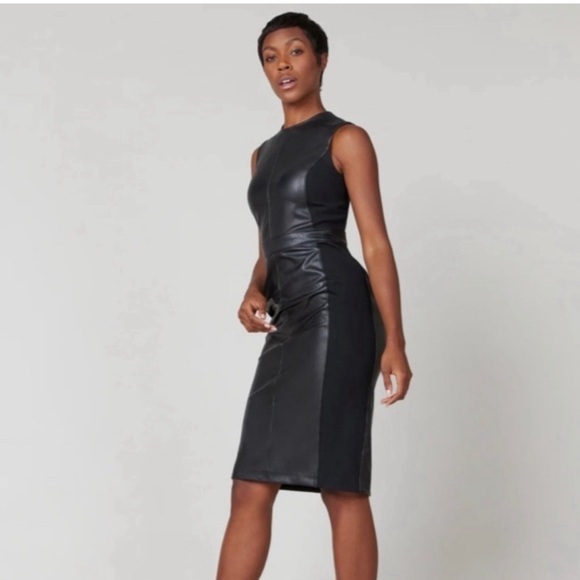 SPANX Dresses & Skirts - Spanx | Leather-Like Mixed Media Combo Fitted Dress Classic Black Small